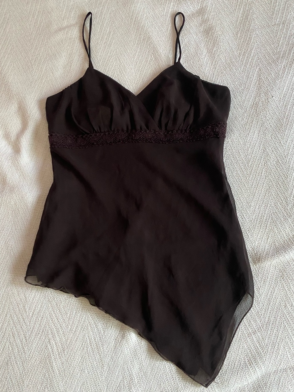 Y2K Studio Y Dark Brown Embroidered Trim Asymmetric Cami size Medium